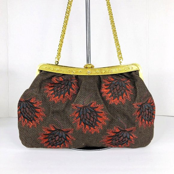 LouLou de la Falaise Brown and Red Embroidered Gold Frame Clutch Purse Bag - Picture 3 of 11